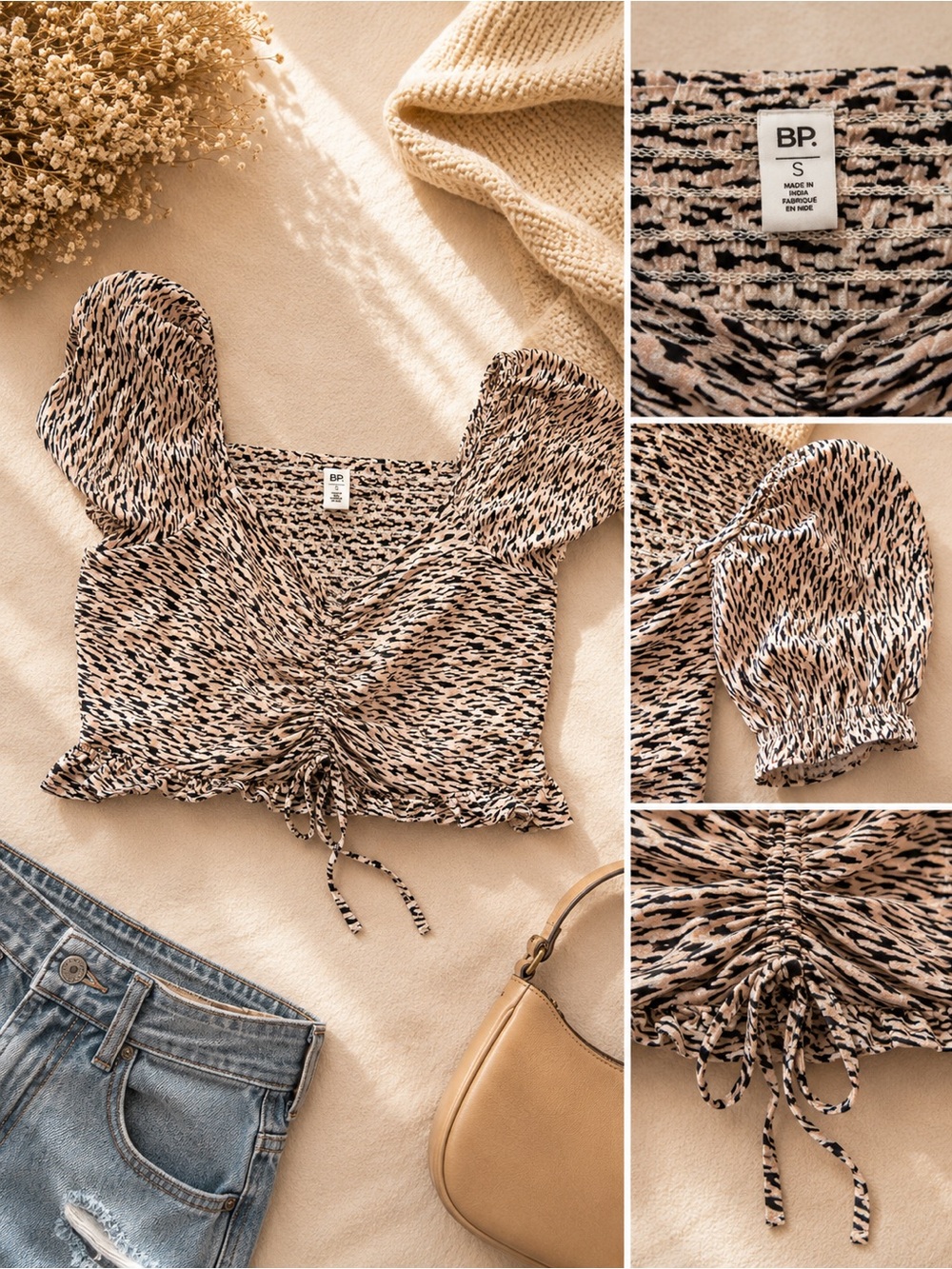 bp Beige & Black Printed Ruched Square-Neck Puff Sleeve Crop Top